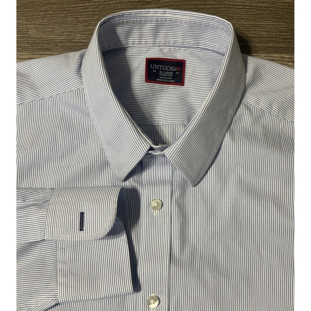 UnTuckit Wrinkle Free Bordeaux Blue Pinstripe Button Up Dress Shirt Size XL